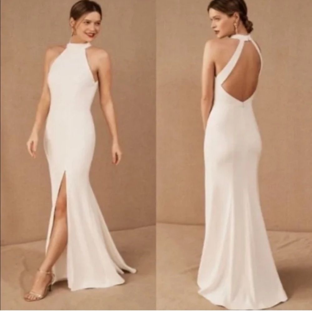 BHLDN White Halter Neck Wedding Dress with Front Slit - Picture 3 of 10